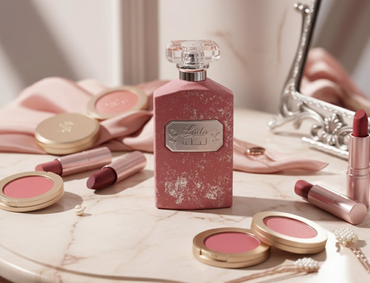 Ard Al Zaafaran Laila by Ard Al Zaafaran – 100 ml for Women – Botol wangian merah jambu dengan label perak, diletakkan di atas meja marmar bersama beberapa alat solek seperti pemerah pipi dan gincu, serta aksesori rambut mutiara.