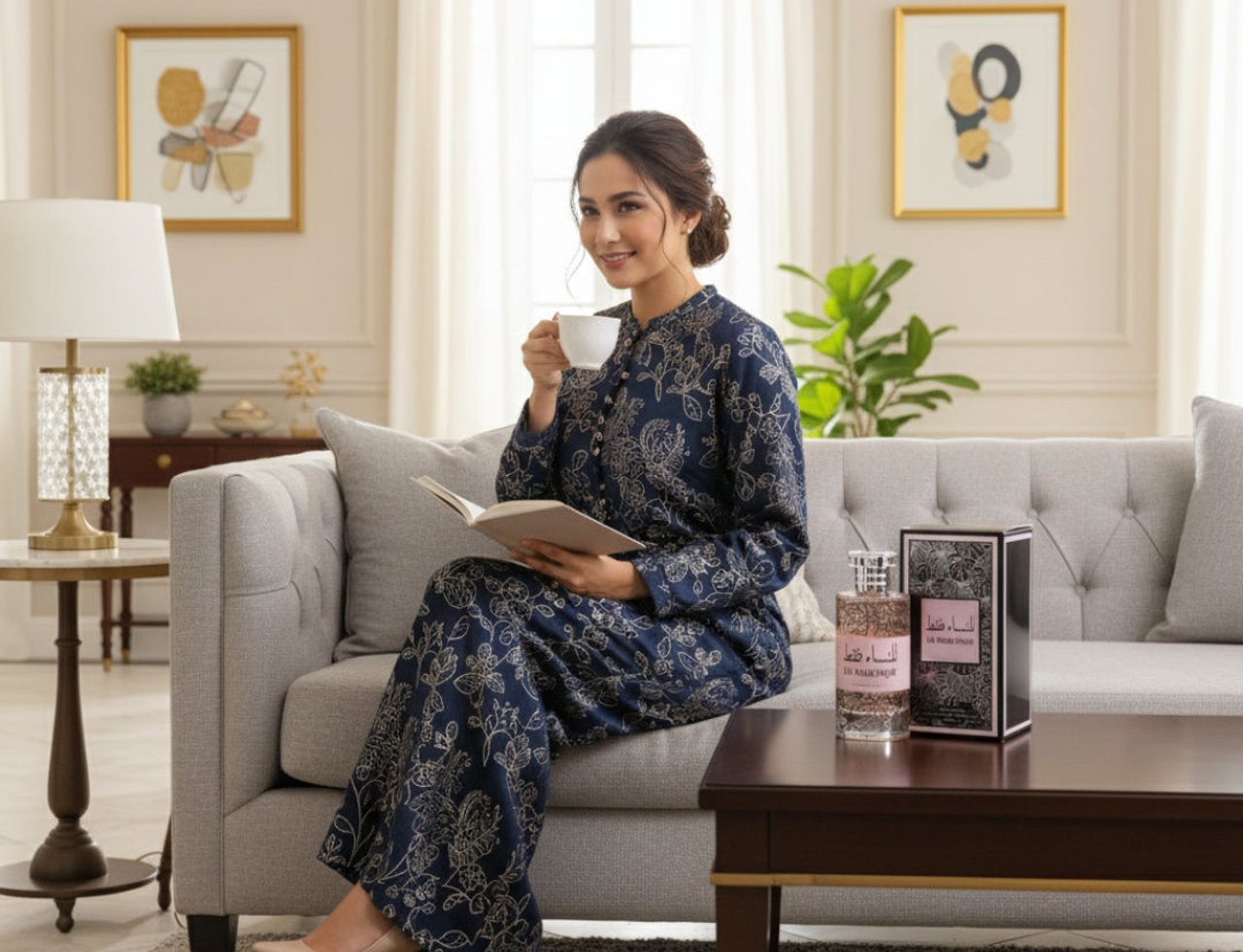 Ard Al Zaafaran Lil Nisae Faqat by Ard Al Zaafaran 100 ml for Her — Wanita duduk di sofa membaca buku sambil minum kopi, dengan botol dan kotak wangian di atas meja kopi.