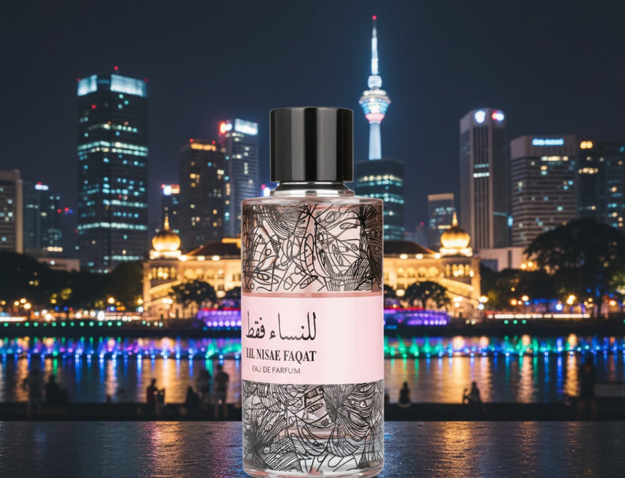 Ard Al Zaafaran Lil Nisae Faqat — Perfume bottle with intricate design on a reflective surface, city skyline at night with