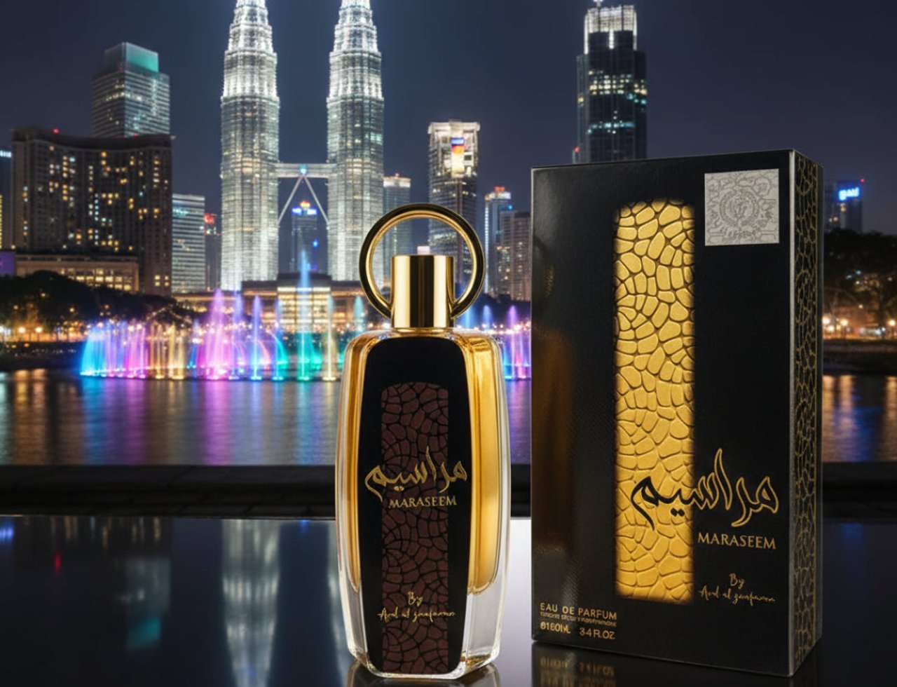 Ard Al Zaafaran Maraseem — Perfume bottle and box displayed against a night cityscape with illuminated fountains.