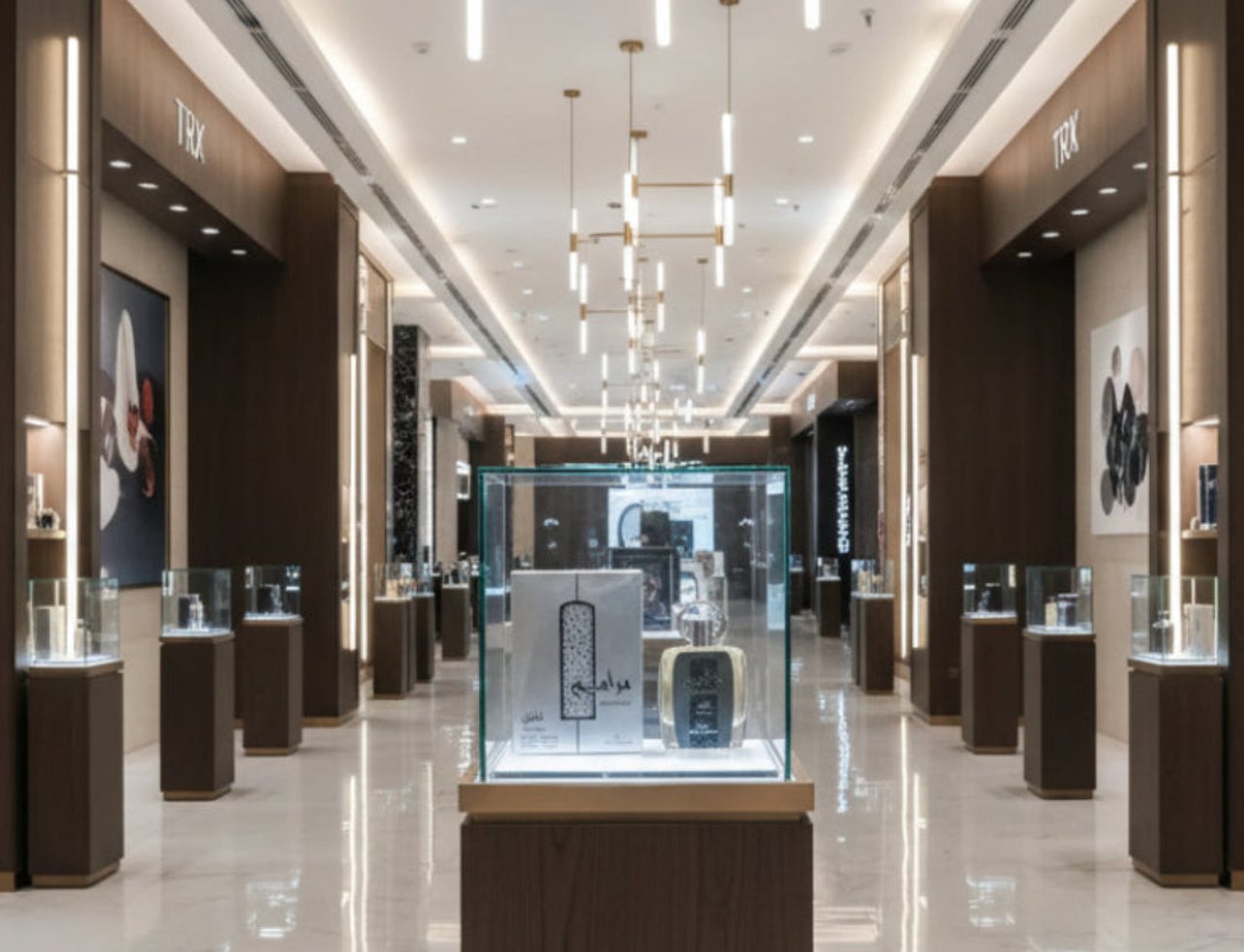 Ard Al Zaafaran Maraseem Al Malaki — Display case with perfume bottle and box on polished floor in a luxury retail store