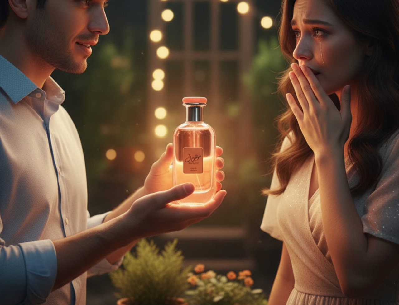 Ard Al Zaafaran Mousuf Wardi — Man presents glowing perfume bottle to crying woman in garden