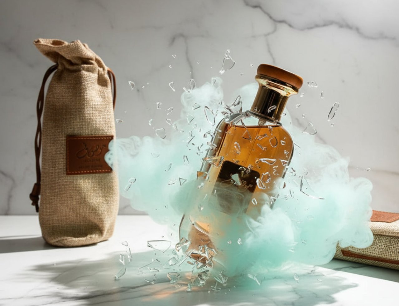 Ard Al Zaafaran Mousuf — Perfume bottle exploding with blue smoke and glass shards, next to a burlap pouch.