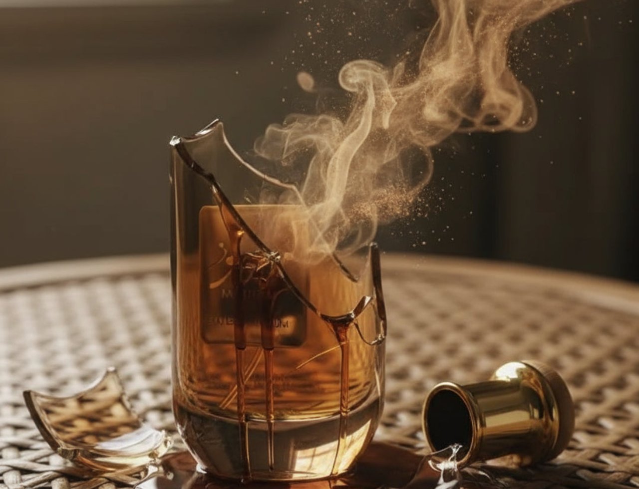 Ard Al Zaafaran Mousuf by Ard Al Zaafaran EDP 100 ml — Botol wangian pecah dengan asap dan serbuk keemasan naik, cecair coklat tumpah di atas tikar anyaman, penutup emas terbaring di sebelah