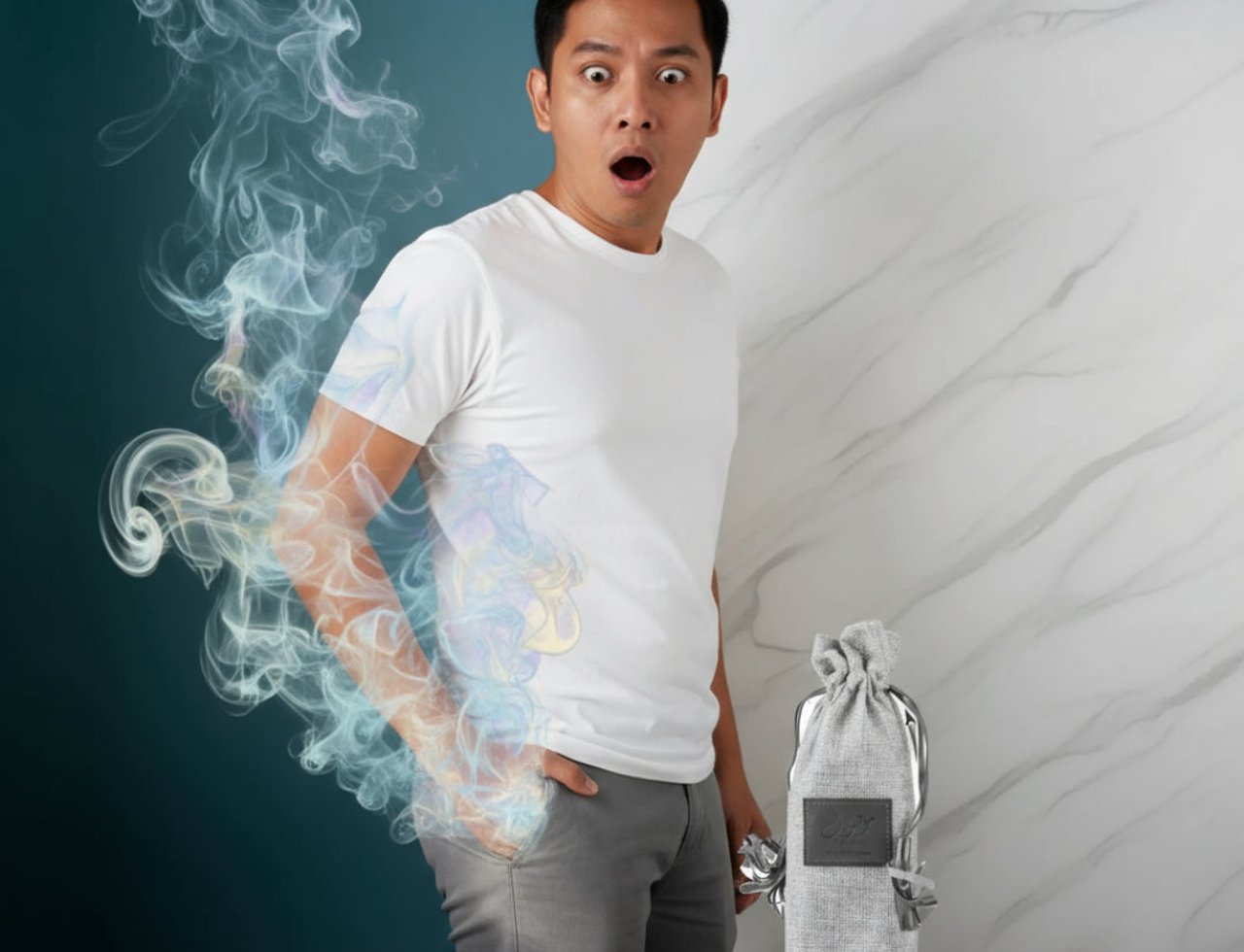 Ard Al Zaafaran Mousuf Ramadi — Man with surprised expression, smoke effect from his side, and a grey drawstring pouch with