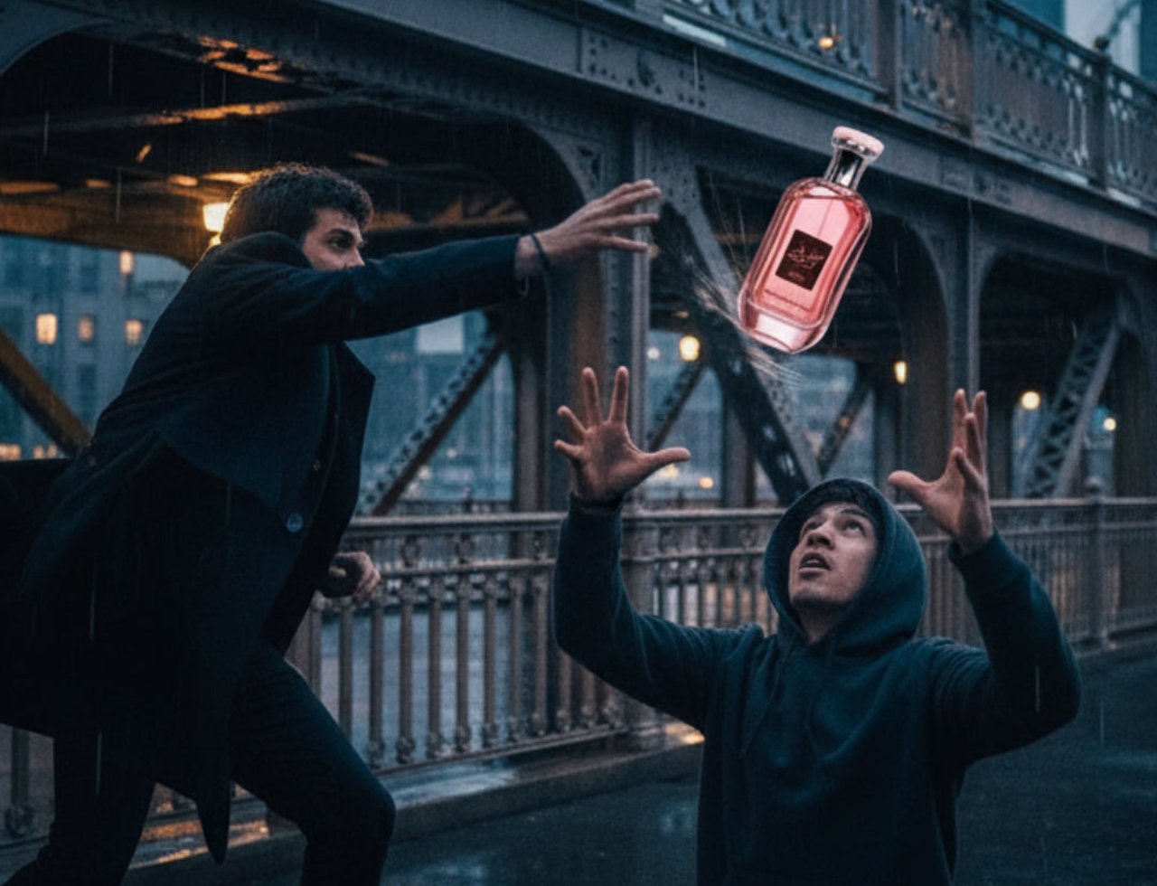 Ard Al Zaafaran Mousuf Wardi by Ard Al Zaafaran 100 ml for Women — Botol wangian merah jambu tinggi terapung di udara di atas jambatan bandar pada waktu malam dengan dua lelaki cuba menangkapnya.