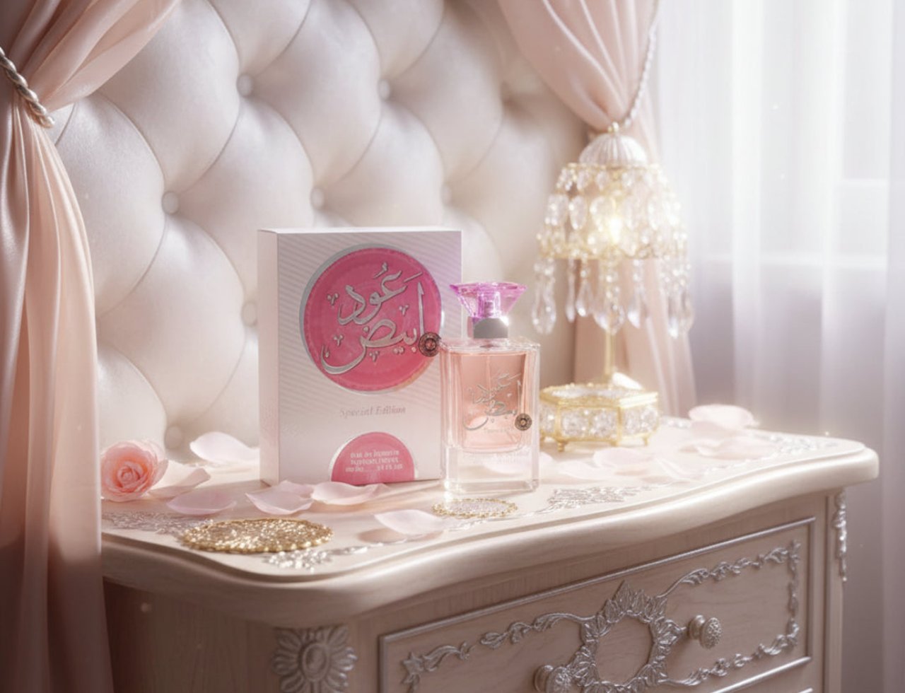 Ard Al Zaafaran Oud Abyad by Ard Al Zaafaran for Her 100ml — Kotak dan botol wangian di atas meja sisi katil berhias, dengan kelopak mawar dan lampu kristal di latar belakang