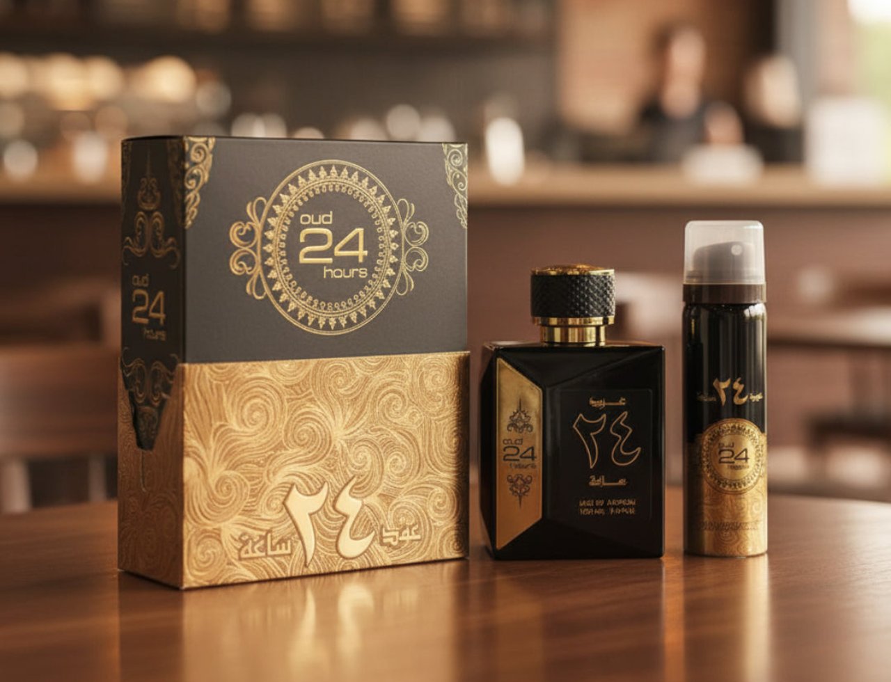 Ard Al Zaafaran Oud 24 Hours — Black and gold perfume box, bottle, and spray can on a wooden table with a blurred cafe