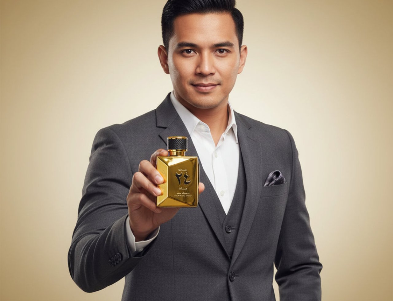 Ard Al Zaafaran Oud 24 Hours Majestic 100ml EDP Man – Lelaki memakai sut kelabu memegang botol wangian emas berkilat dengan penutup hitam, latar belakang kuning pucat.