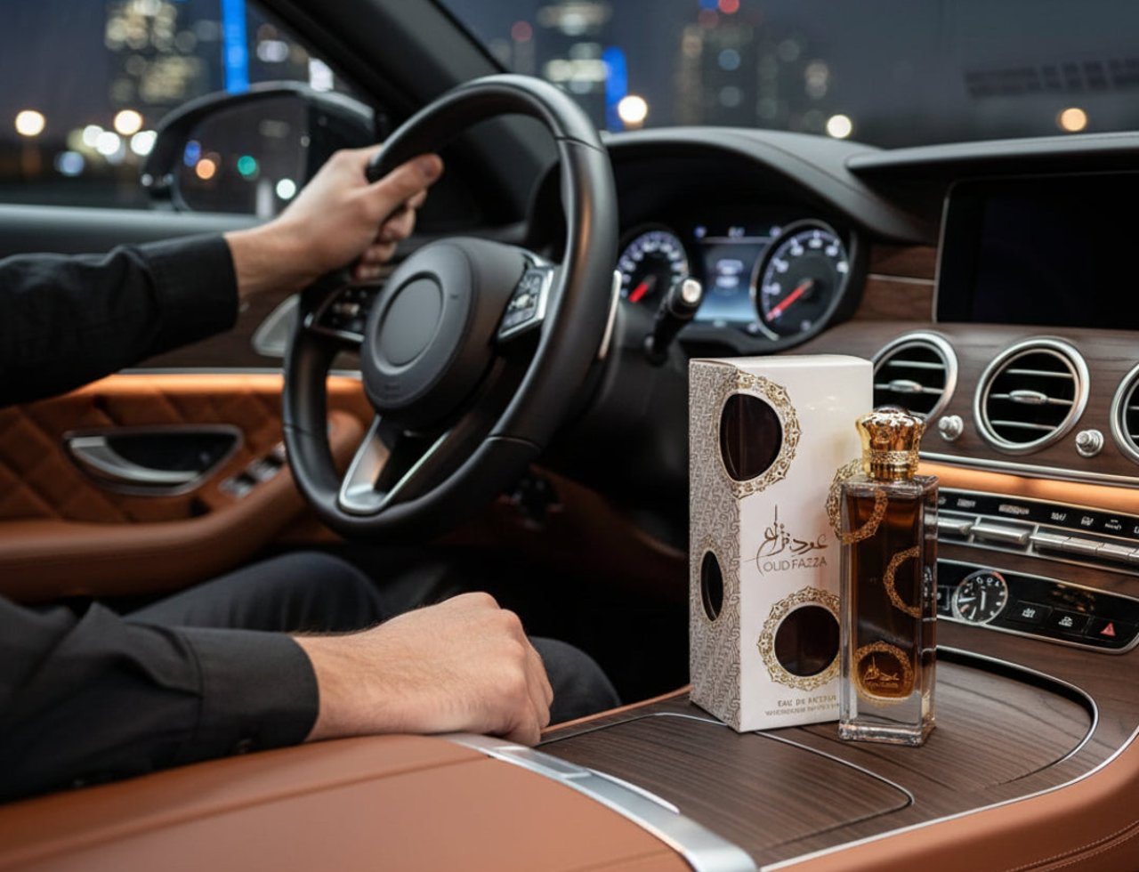 Ard Al Zaafaran Oud Fazza — Man driving luxury car at night, perfume bottle and box on dashboard