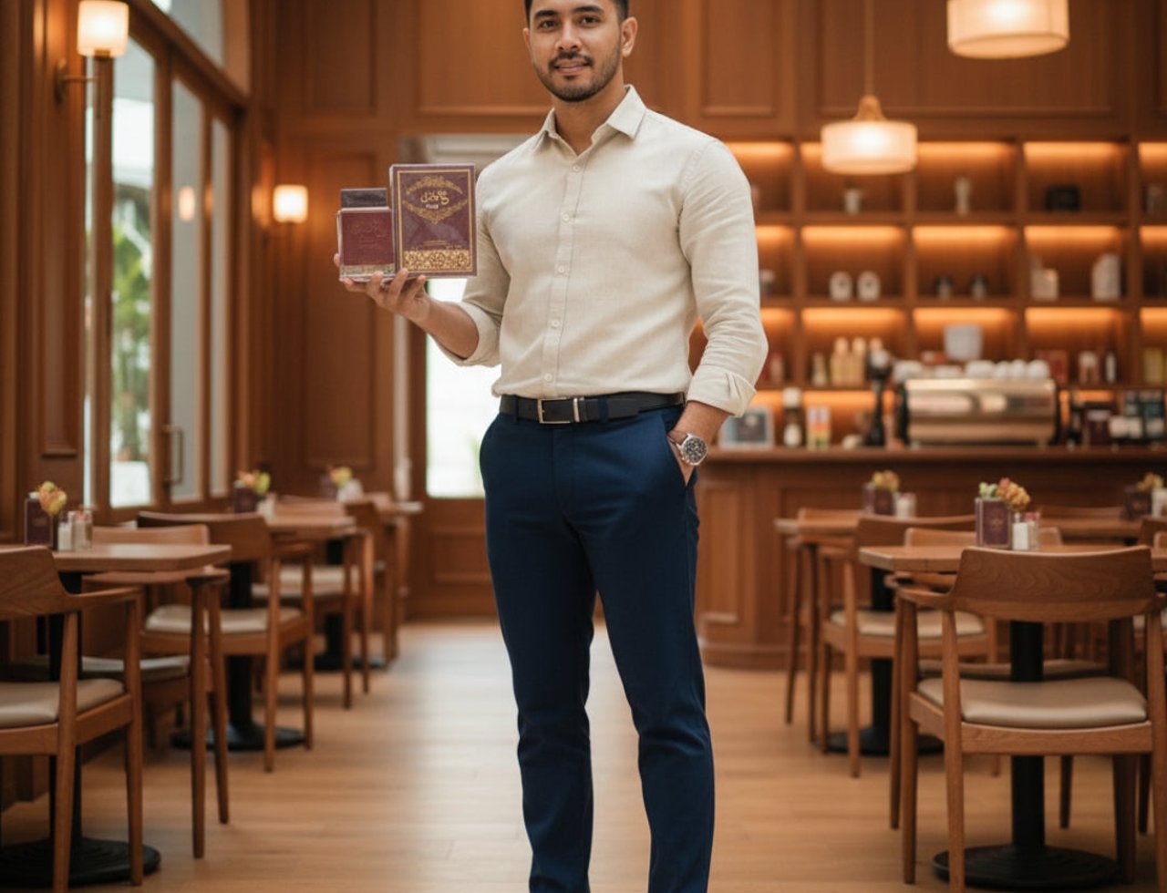 Ard Al Zaafaran Oudi by Ard Al Zaafaran – 100 ml for Men — Lelaki berbaju kemeja beige dan seluar biru memegang dua kotak produk wangian di dalam sebuah kafe