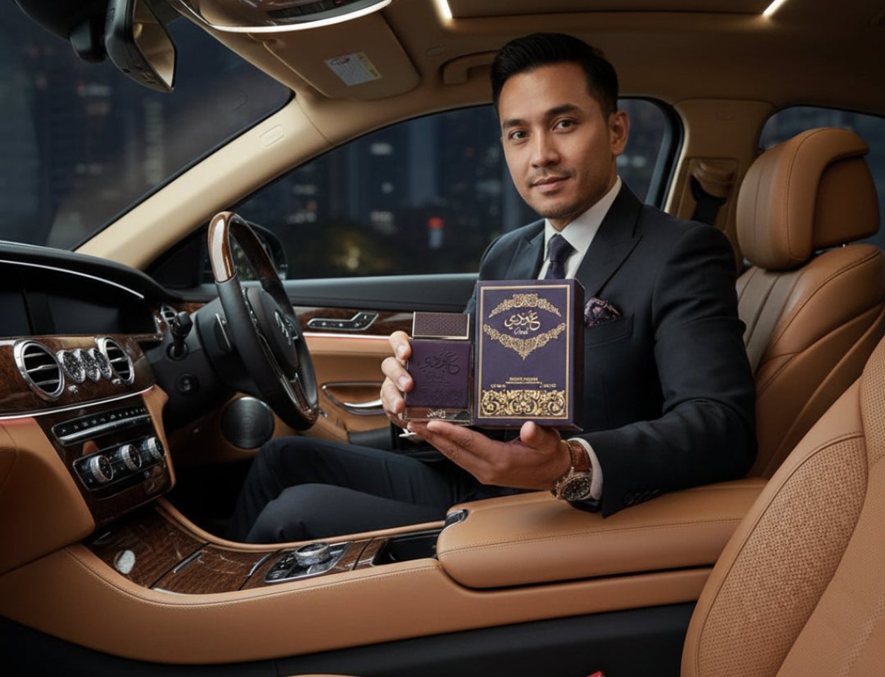 Ard Al Zaafaran Oudi — Man in suit holding perfume bottle and box inside luxury car interior