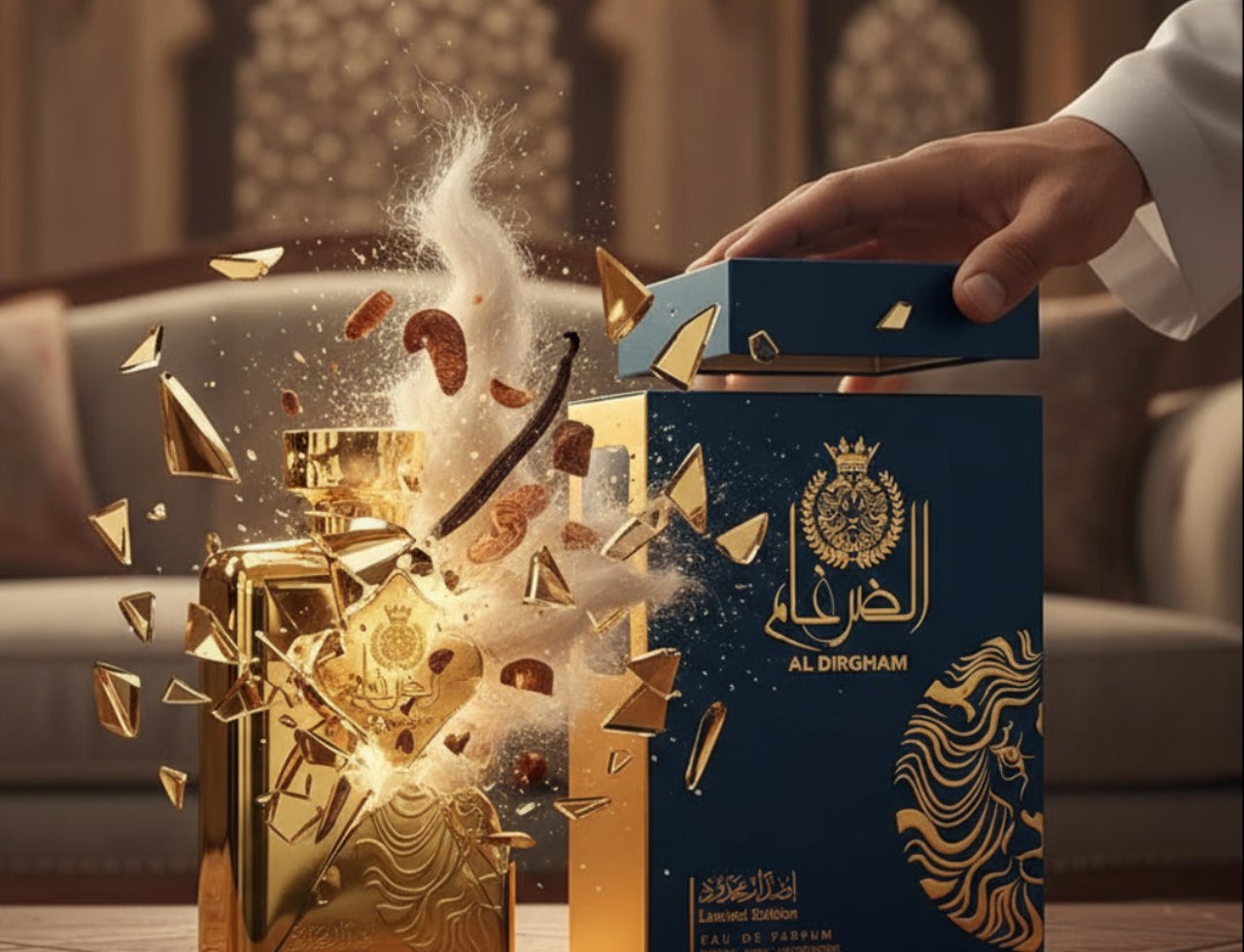 Ard Al Zaafaran Al Dirgham by Ard Al Zaafaran EDP 100ml Men — Botol emas pecah berderai dengan serbuk putih dan batang vanila, kotak biru gelap di sebelah, tangan membuka penutup kotak emas.