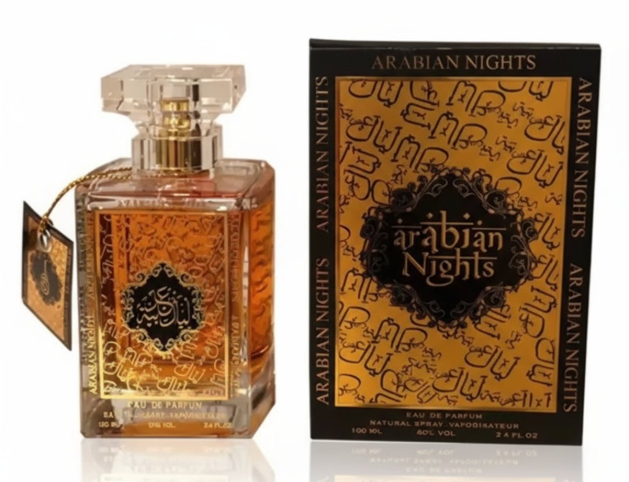 Ard Al Zaafaran Arabian Night – 100 ml Eau de Parfum for Men, clear glass bottle with gold ornate label and cap, next to its