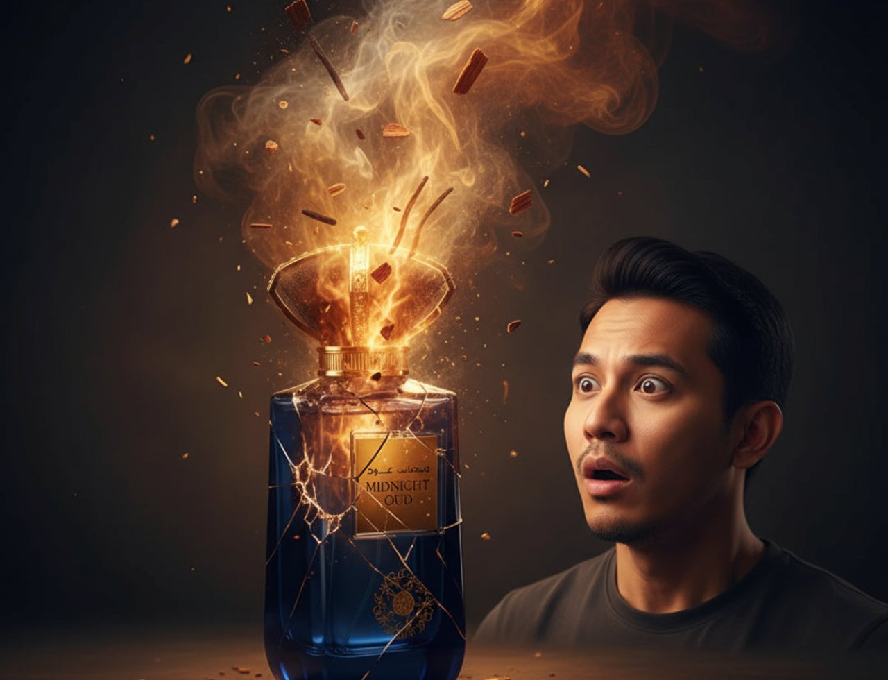 Ard Al Zaafaran Midnight Oud — Man reacts with shock as a dark blue perfume bottle explodes with golden smoke and wood