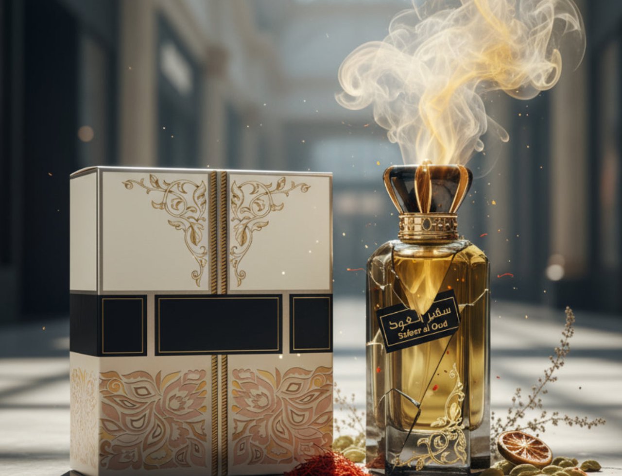 Ard Al Zaafaran Safeer Al Oud — Perfume bottle with golden crown cap and smoke rising, next to its ornate box, with saffron