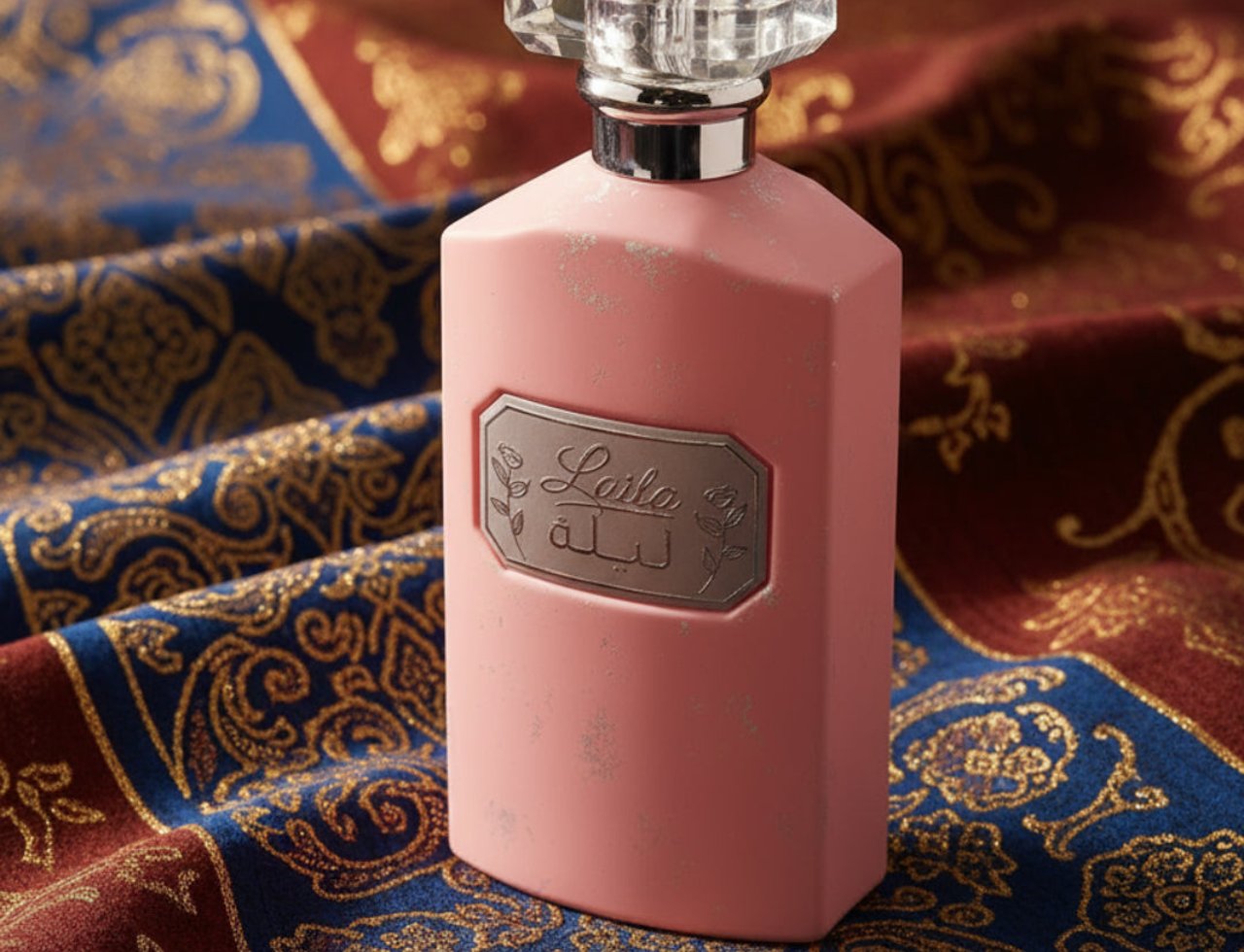 Ard Al Zaafaran Laila – Pink perfume bottle with ornate silver label and crystal cap, on a richly patterned fabric.