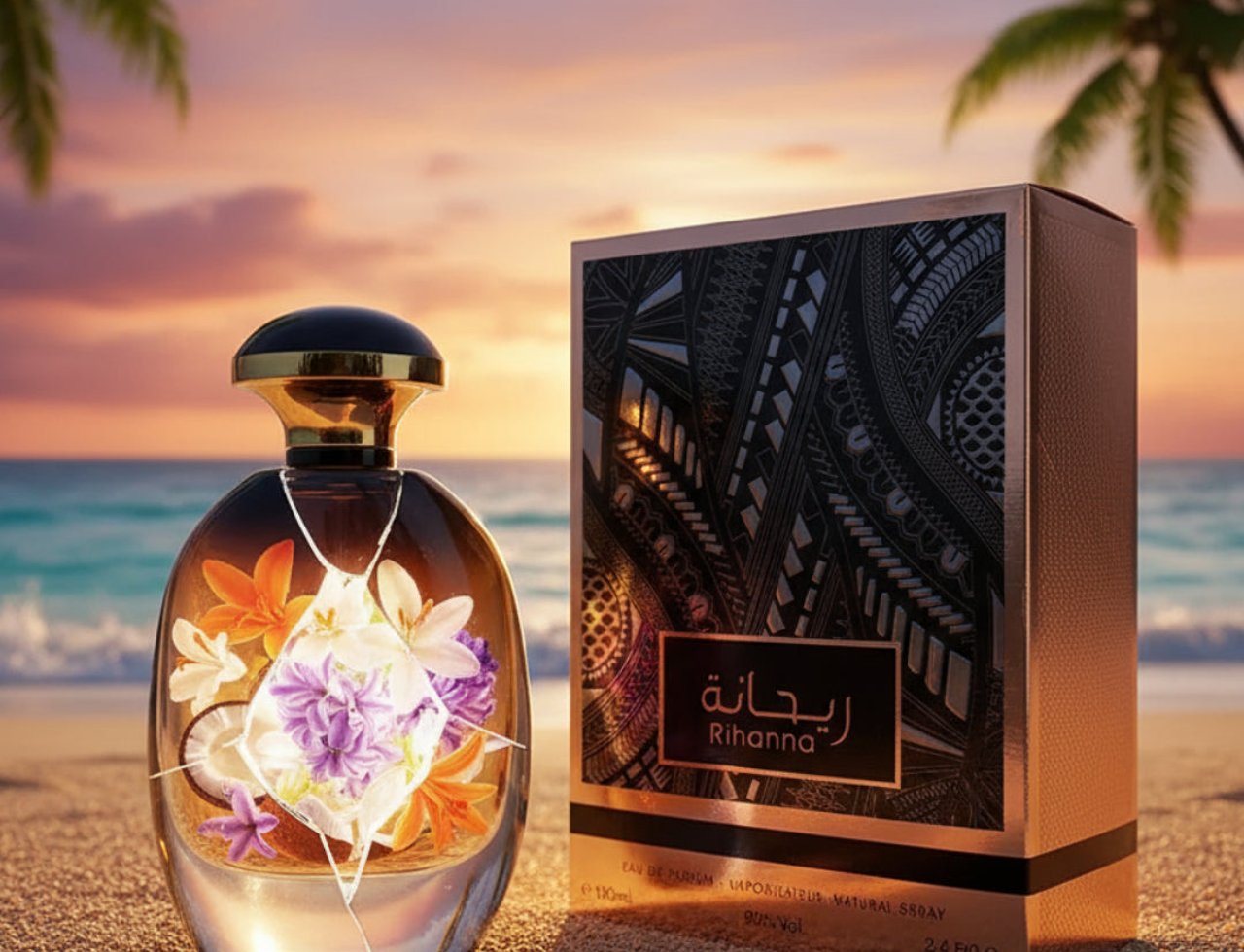 Ard Al Zaafaran Rihanna – Perfume bottle with flowers and coconut on a beach at sunset with palm trees