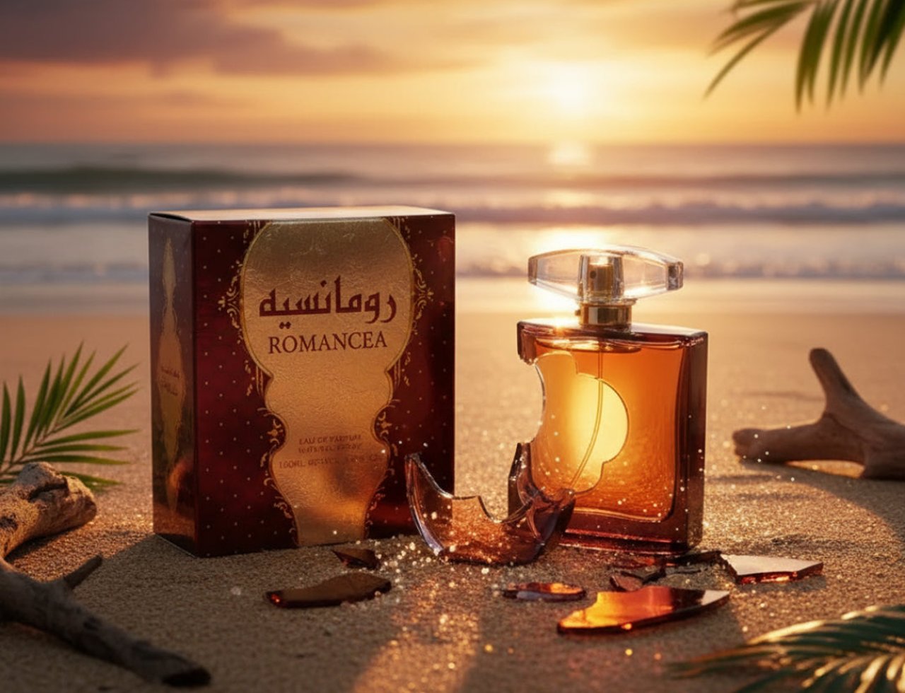Ard Al Zaafaran Romancea – A broken glass perfume bottle and box on a sandy beach at sunset.