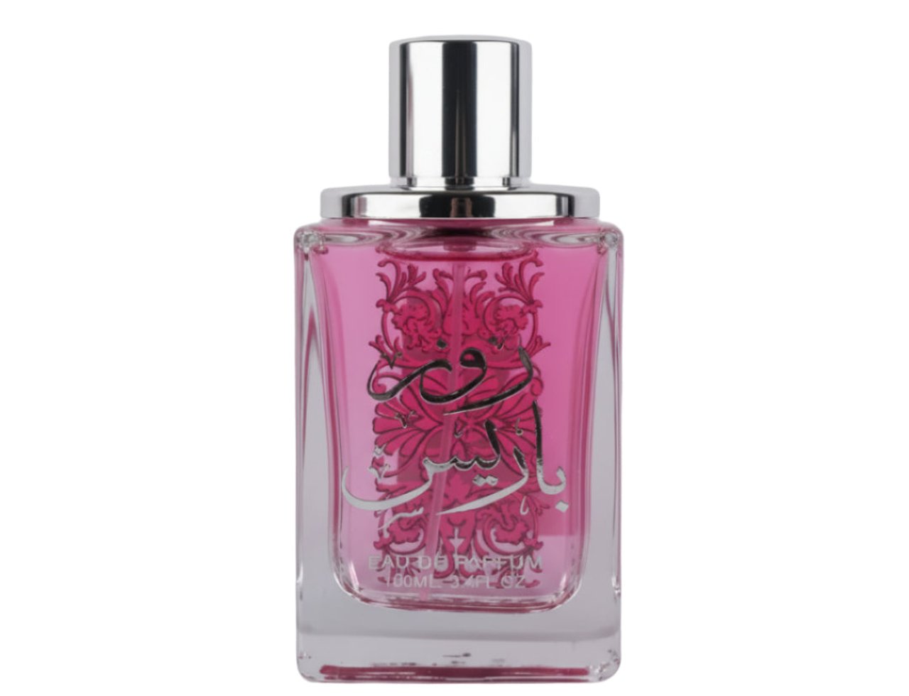 Ard Al Zaafaran Rose Paris Ard Al Zaafaran 100 ml EDP Women — Clear glass perfume bottle with pink liquid, silver cap, and ornate silver Arabic script design.