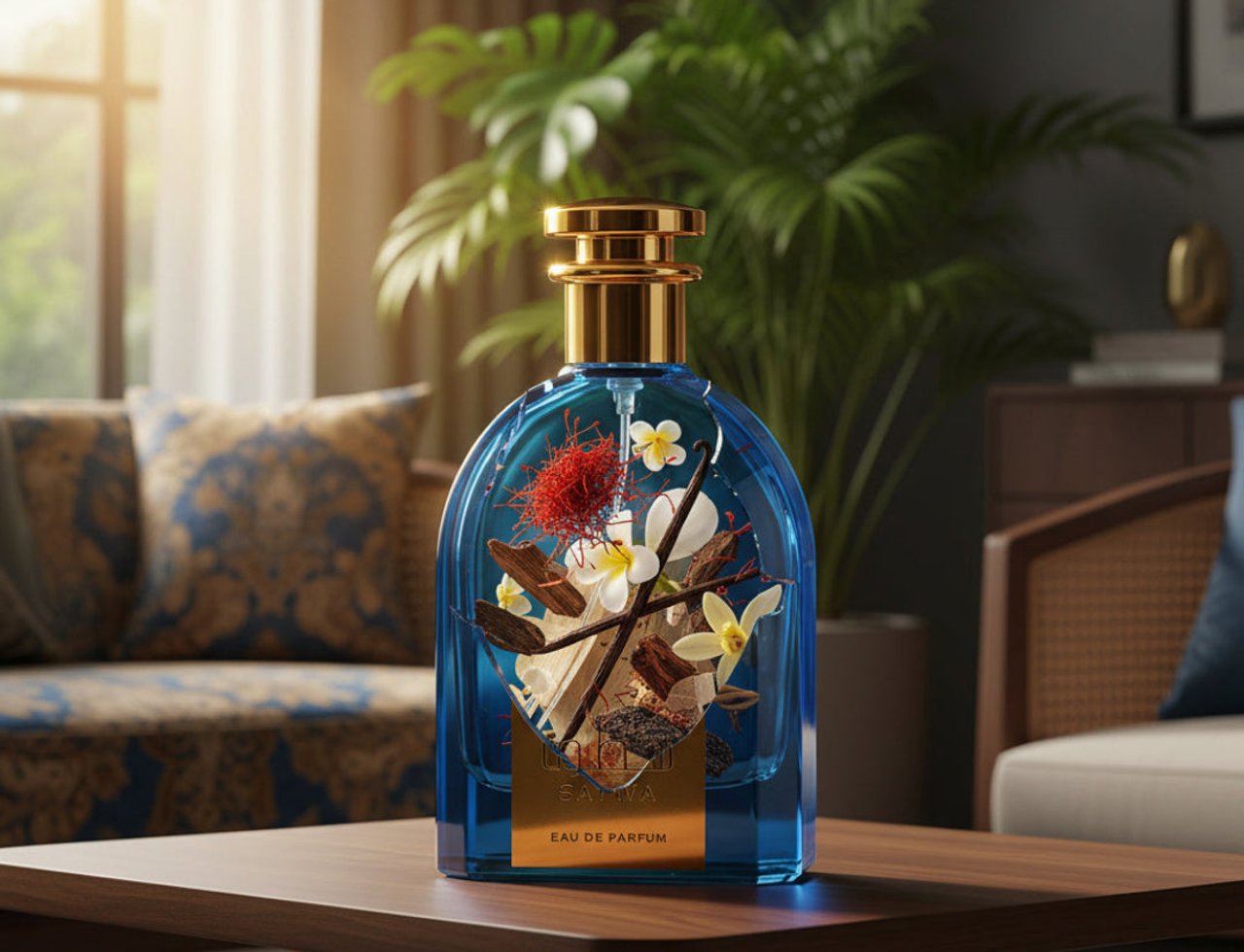 Ard Al Zaafaran Satwa by Ard Al Zaafaran 100 ml EDP Unisex — Botol kaca biru jernih berisi bunga putih, kayu manis, dan saffron, diletakkan di atas meja kayu dengan latar belakang sofa dan tumbuhan hijau.