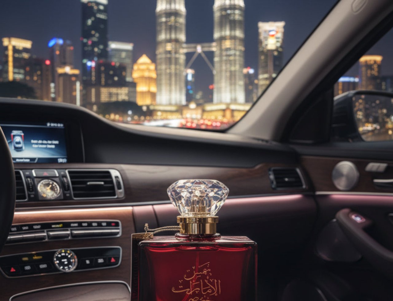 Ard Al Zaafaran Shams Al Emarat Khususi 100ml EDP Unisex — Botol wangian merah pekat dengan penutup kristal berkilauan, diletakkan di dalam kereta mewah dengan pemandangan bandar malam berkilauan di latar belakang.