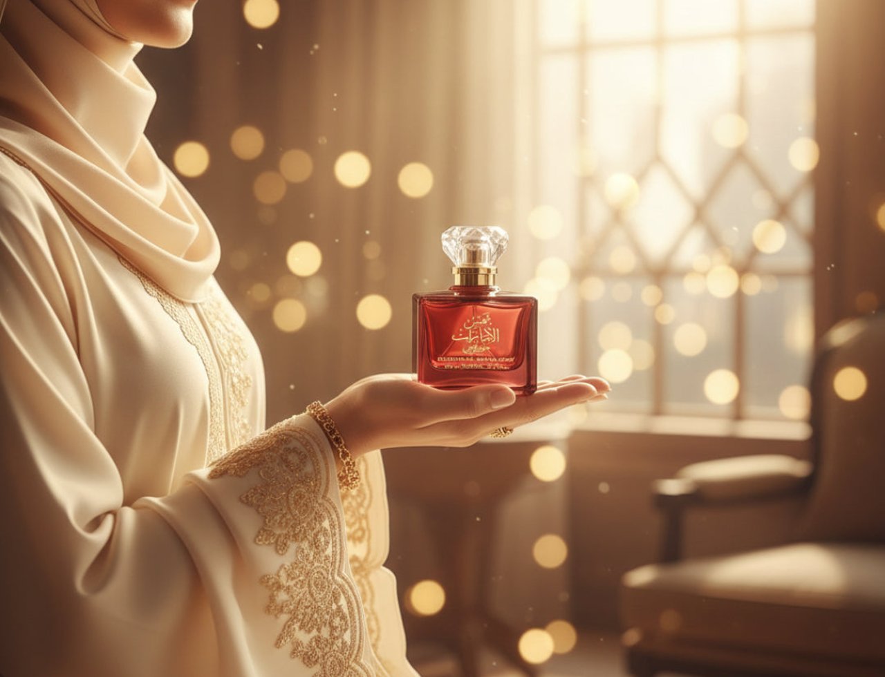 Ard Al Zaafaran Shams Al Emarat Khususi — Woman in hijab holds red perfume bottle with gold accents, soft light, bokeh