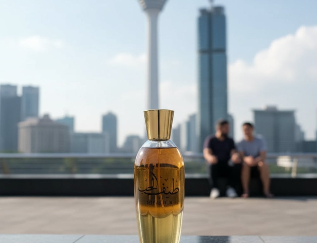 Ard Al Zaafaran Teef Al Hub — Perfume bottle with gold cap and label, set against a city skyline with two men sitting in the