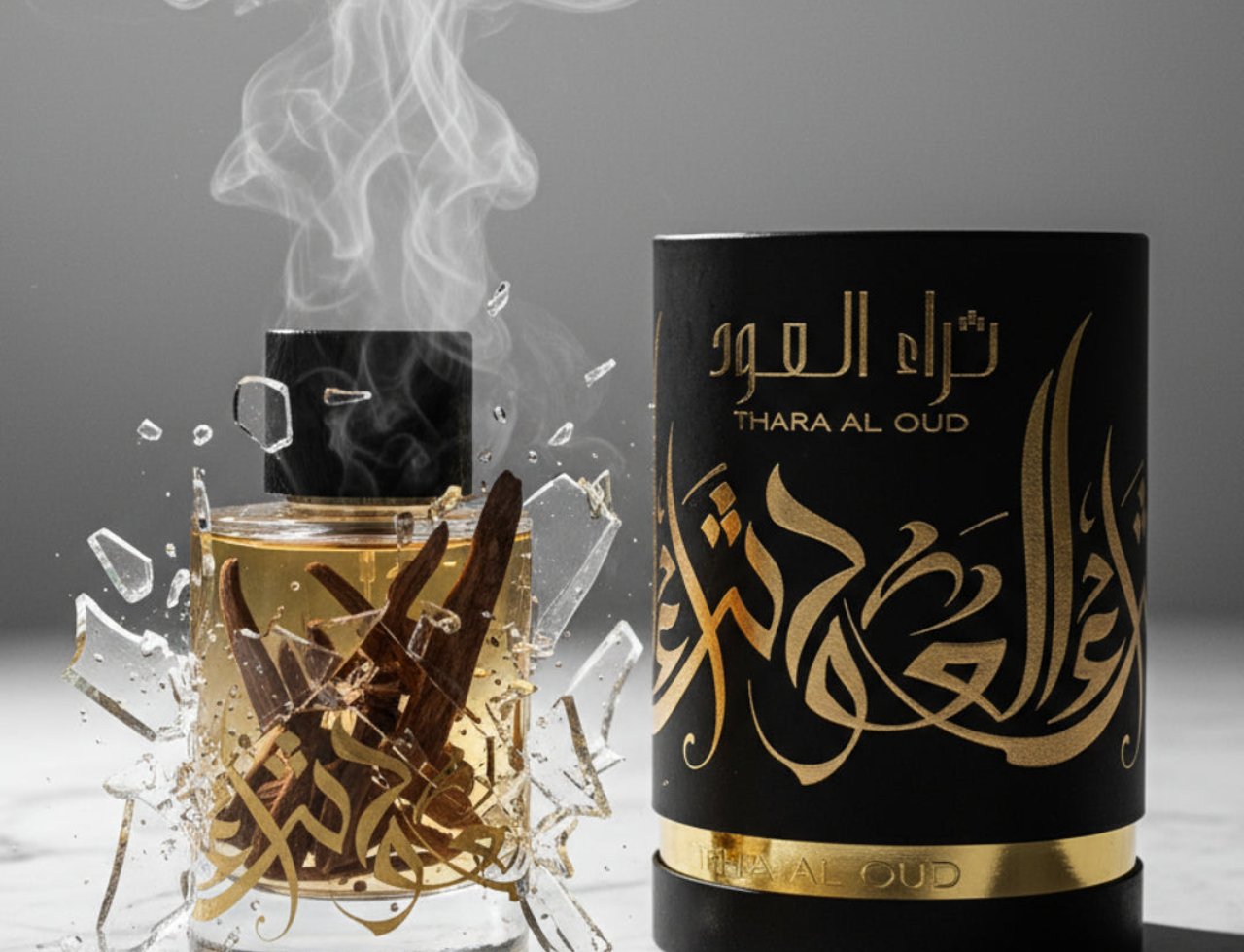 Ard Al Zaafaran Thara Al Oud – Botol kaca pecah dengan asap naik, kayu gaharu di dalam, dan kotak hitam bertekstur emas.