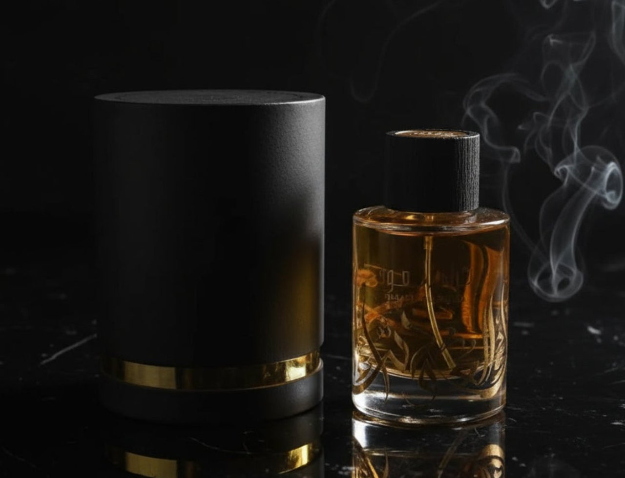 Ard Al Zaafaran Thara Al Oud — Black cylinder box with gold band next to glass perfume bottle with gold accents and smoke