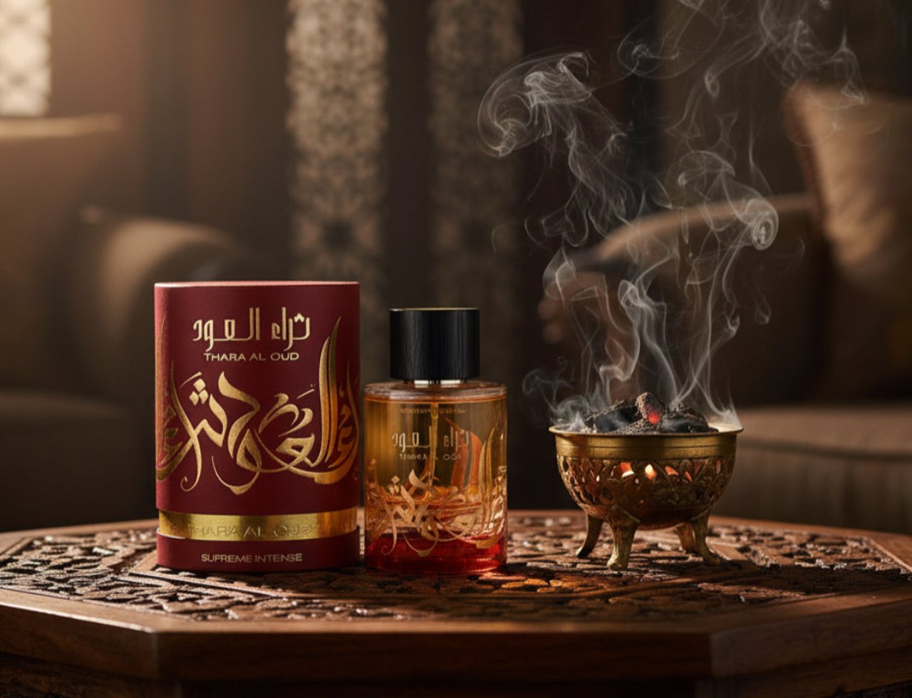 Ard Al Zaafaran Thara Al Oud Supreme Intense – Botol wangian dan kotak merah berlatar belakang asap kemenyan dari bekas tembaga keemasan di atas meja kayu berukir