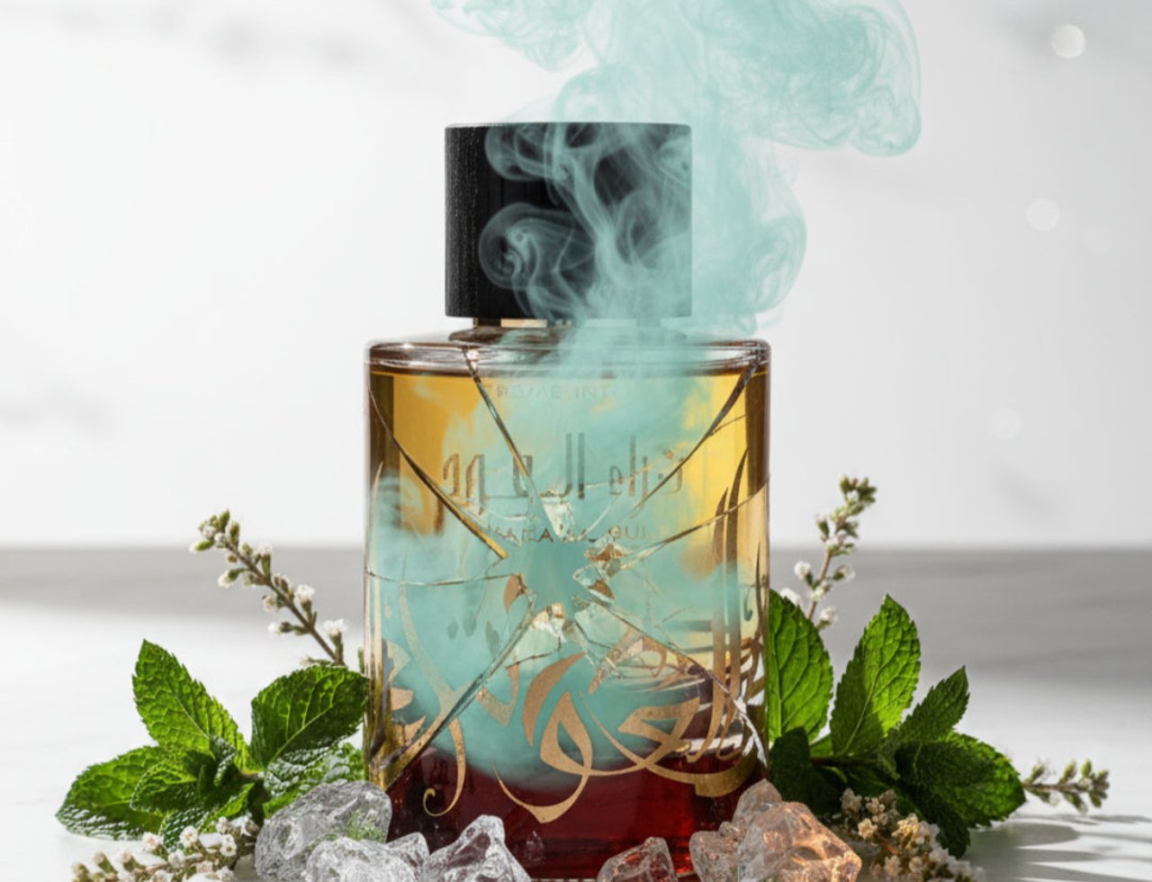Ard Al Zaafaran Thara Al Oud Supreme Intense – Bottle with mint, ice, and blue smoke rising
