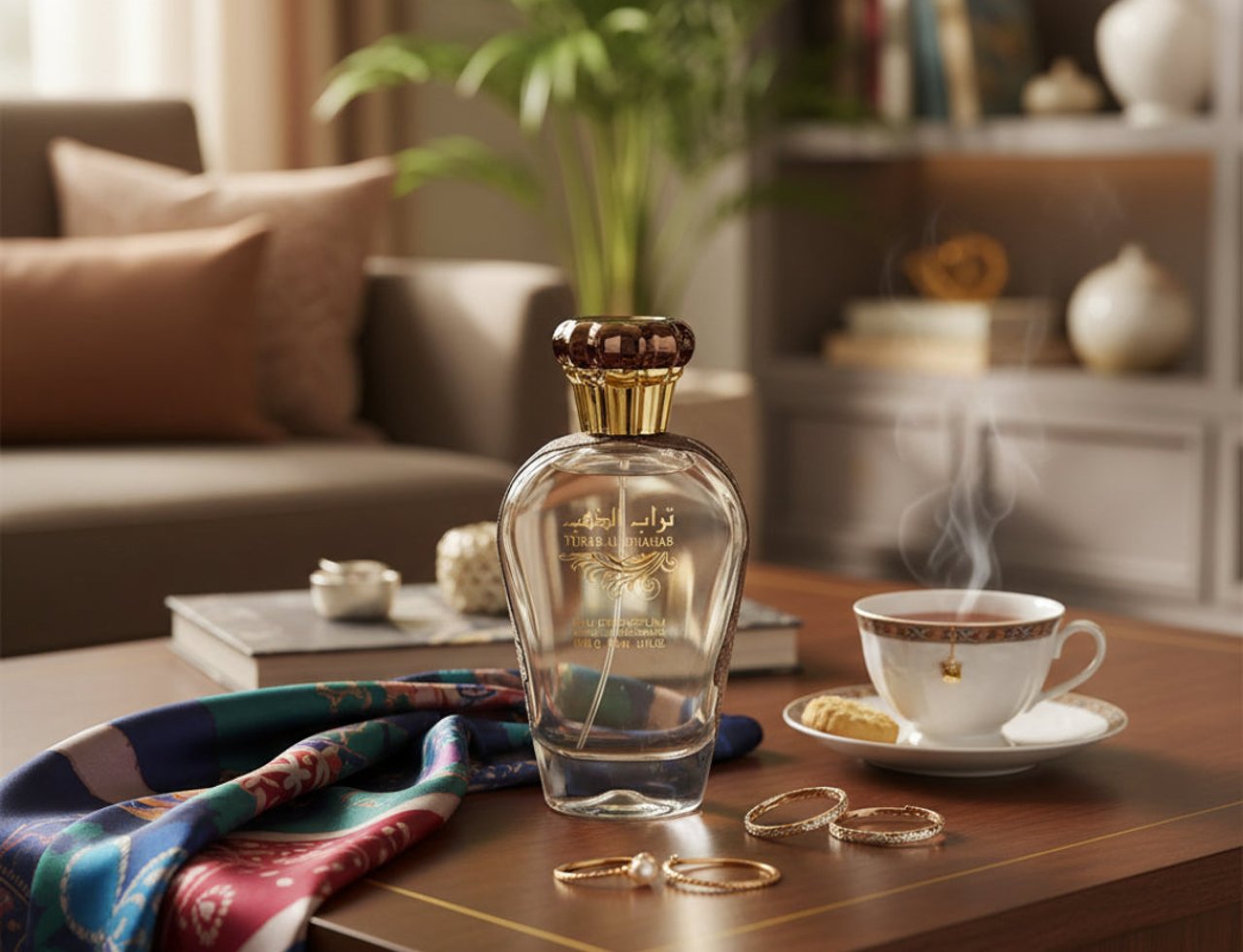 Ard Al Zaafaran Turab Al Dhahab — Clear perfume bottle on a wooden table with a silk scarf, jewelry, and a steaming cup of