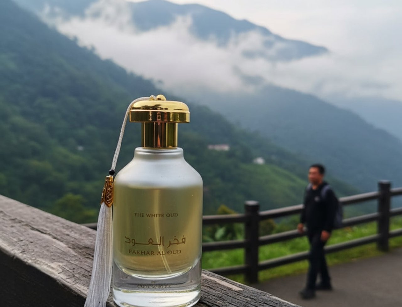 Ard Al Zaafaran Fakhar Al Oud “The White Oud” by Ard Al Zaafaran 100 ml — Botol wangian kaca lutsinar dengan penutup emas berkilat dan tassel putih, diletakkan di atas pagar kayu dengan latar belakang gunung berkabus.