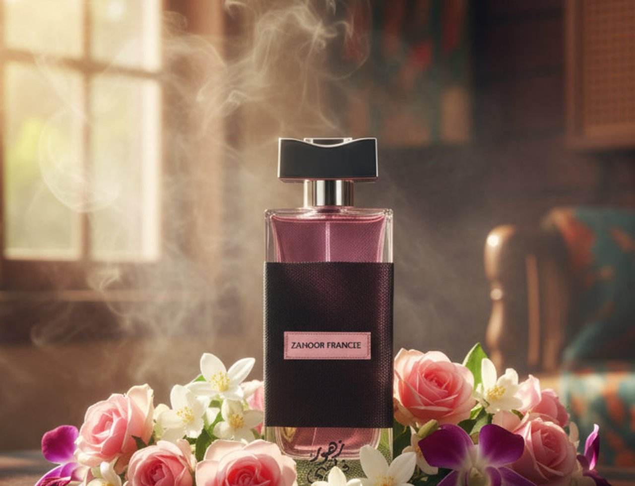 Ard Al Zaafaran Zahoor Francee — Pink perfume bottle with dark label surrounded by pink roses, white flowers, and purple