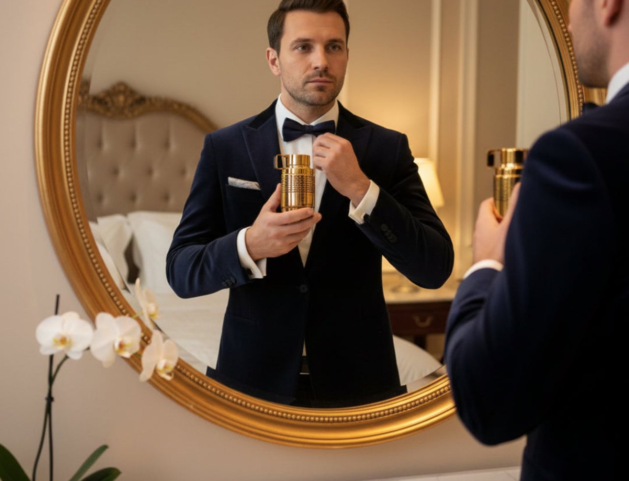 Armaf Armaf Aoud Odyssey — Man in tuxedo adjusting bow tie, holding gold bottle, reflected in mirror