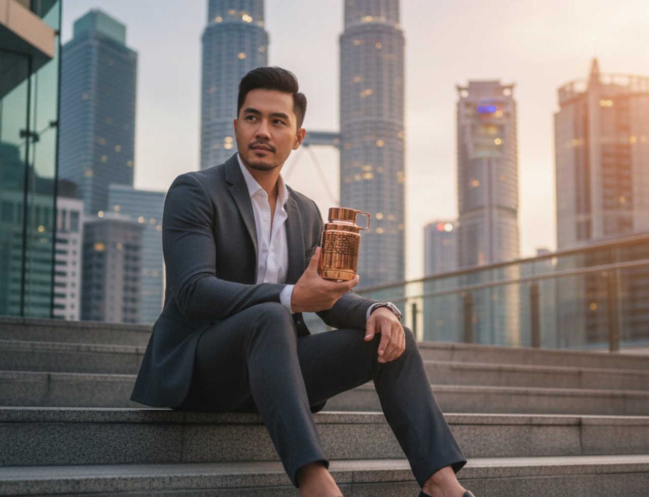 Armaf Armaf Aoud Odyssey 100ml EDP Men — Lelaki berbaju kelabu duduk di tangga memegang botol tembaga berukir, latar belakang bangunan pencakar langit