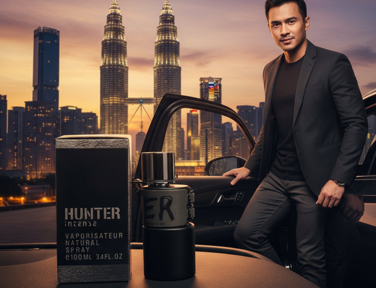 Armaf Hunter Intense — Man in suit by car with city skyline and perfume bottle and box