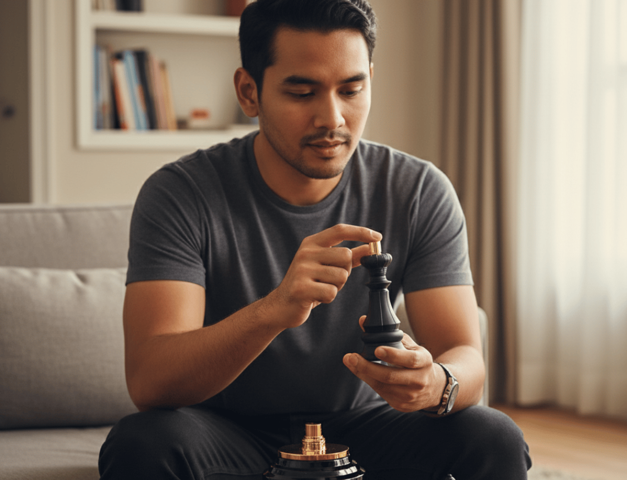 Armaf Armaf King Checkmate 100ml EDP — Lelaki memegang buah catur raja hitam dengan penutup emas di atas meja kayu, berdekatan botol wangian.