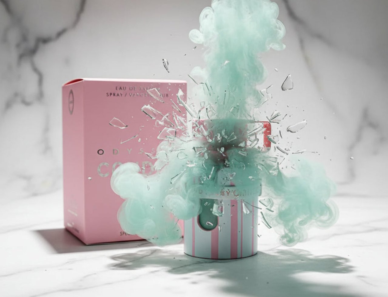 Armaf Odyssey Candee Special Edition by Armaf 100 ml for Women — Kotak merah jambu dan botol wangian pecah dengan asap biru kehijauan meletup keluar, serpihan kaca bertaburan di atas permukaan marmar.