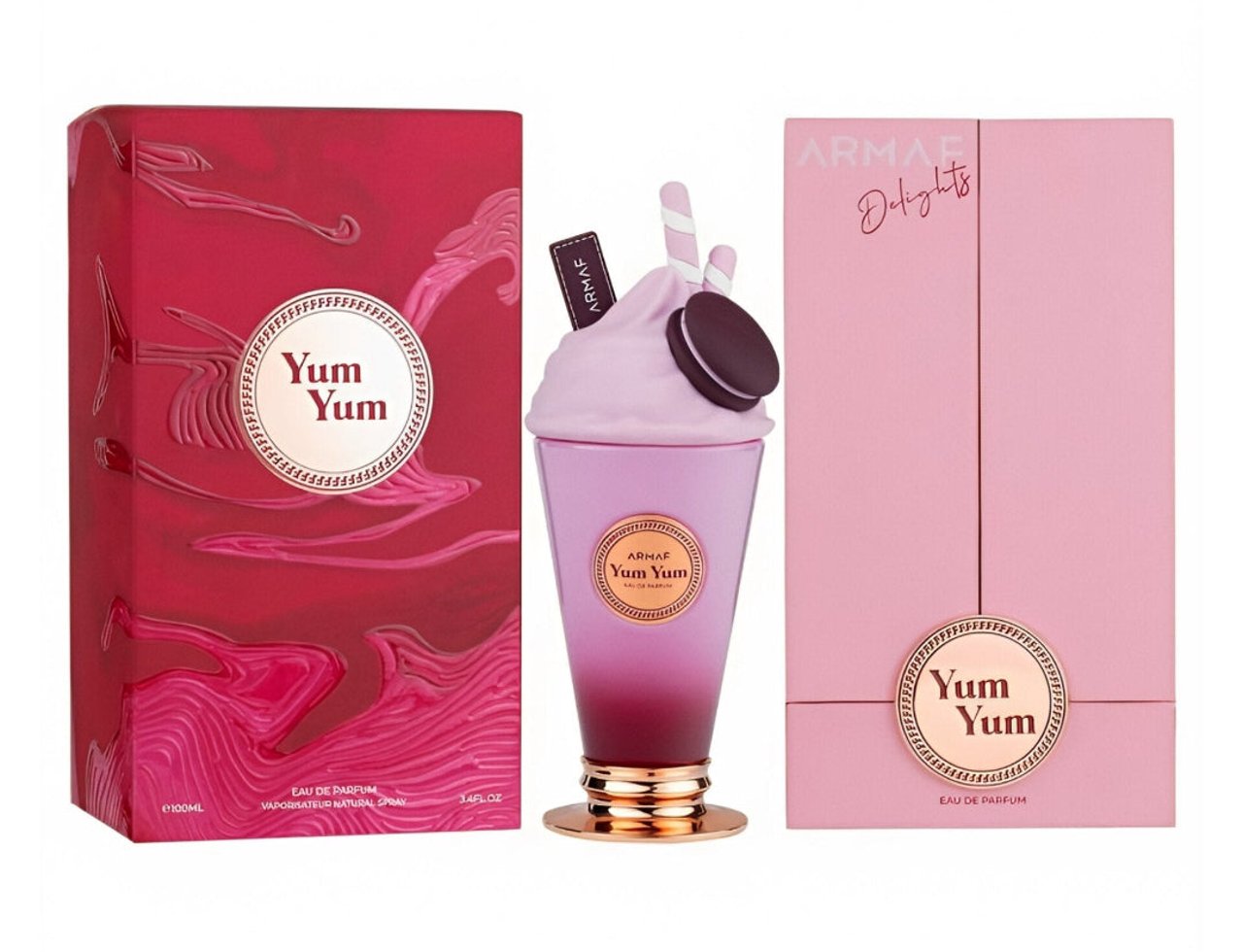 Armaf Yum Yum by Armaf 100ml EDP Women — Pink box and red box with perfume bottle shaped like a milkshake with cookie and