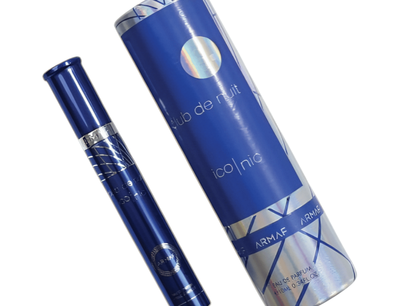 Armaf Armaf Club de Nuit Iconic 10ml EDP — Set wangian dalam botol biru berkilat dan kotak silinder biru dengan reka bentuk perak holografik.