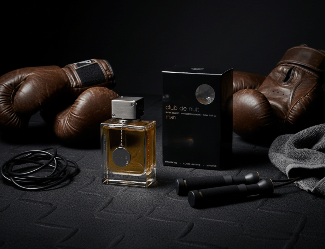 Armaf Club De Nuit Man — Perfume bottle and box with boxing gloves, jump rope, and towel on dark textured surface