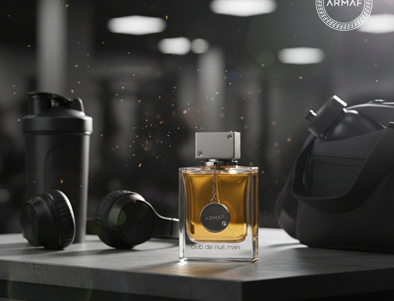 Armaf Armaf Club De Nuit Man 105ml EDT — Botol minyak wangi keemasan diletakkan di atas meja kelabu bersama fon kepala hitam, botol shaker dan beg gim di latar belakang kelabu gelap.