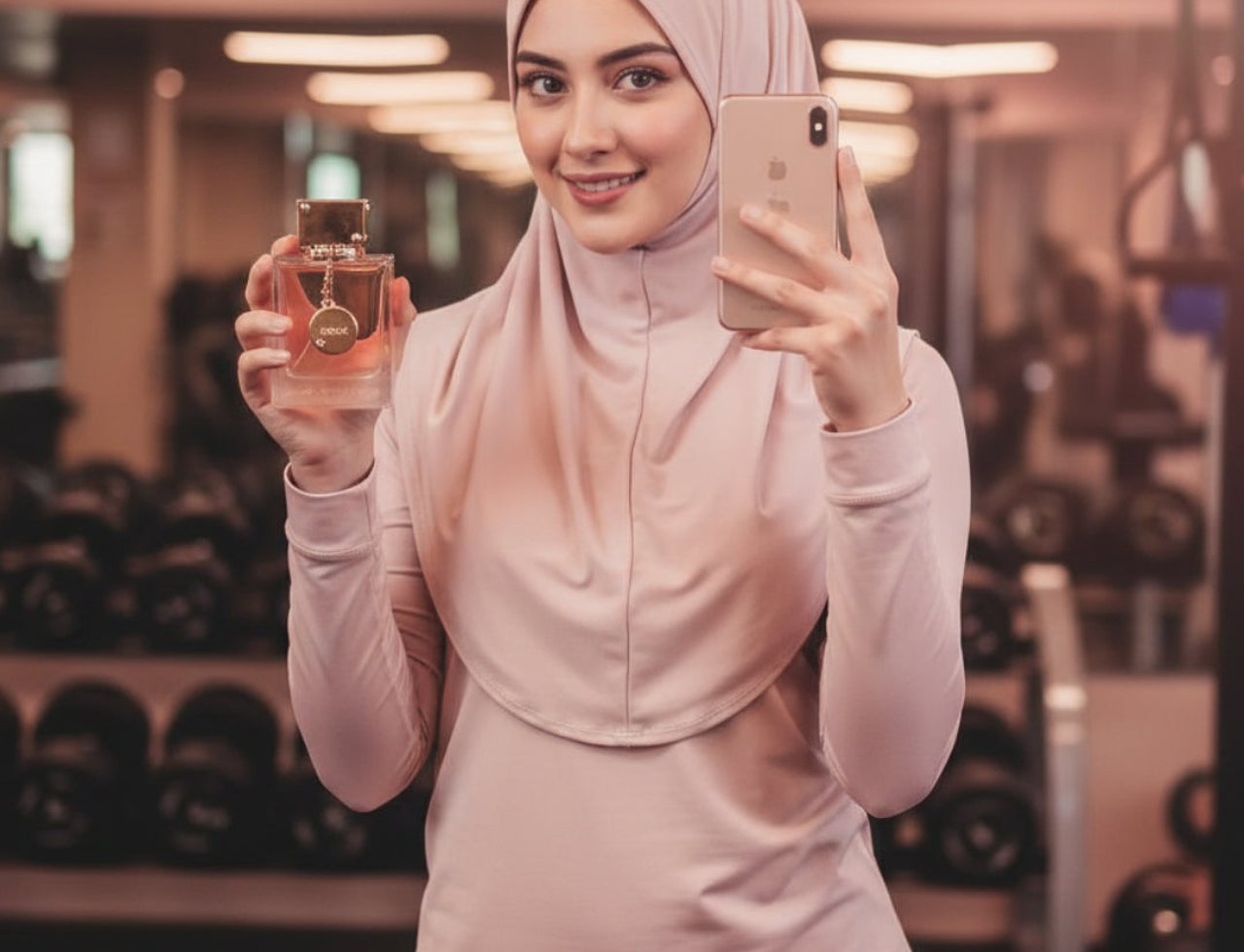 Armaf Club De Nuit Woman — Woman in pink hijab and activewear holds perfume bottle and phone in gym