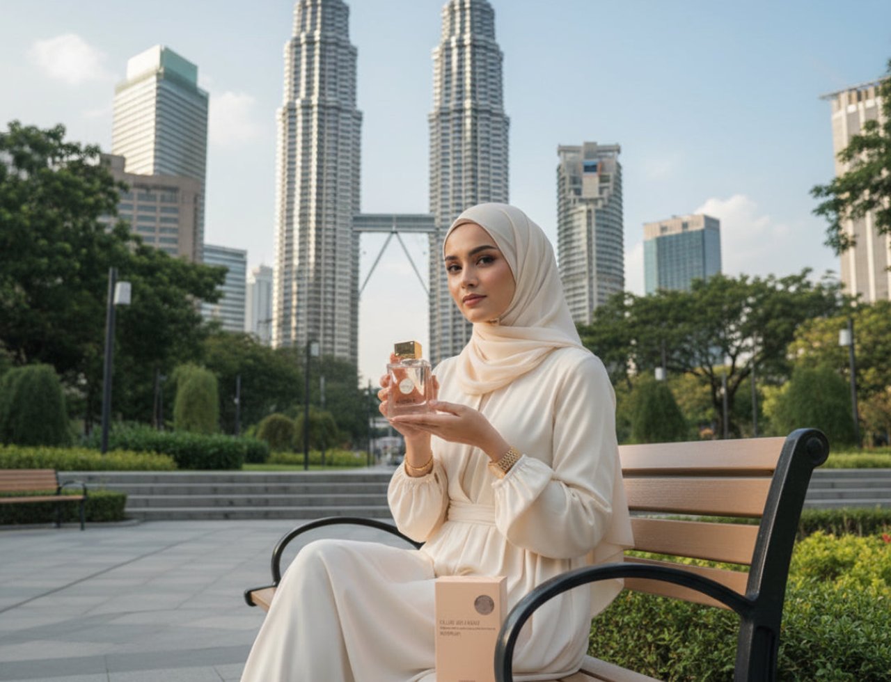 Armaf Club De Nuit Woman by Armaf 105ml EDP — Wanita bertudung memegang botol minyak wangi di hadapan Menara Berkembar Petronas, dengan kotak di atas bangku