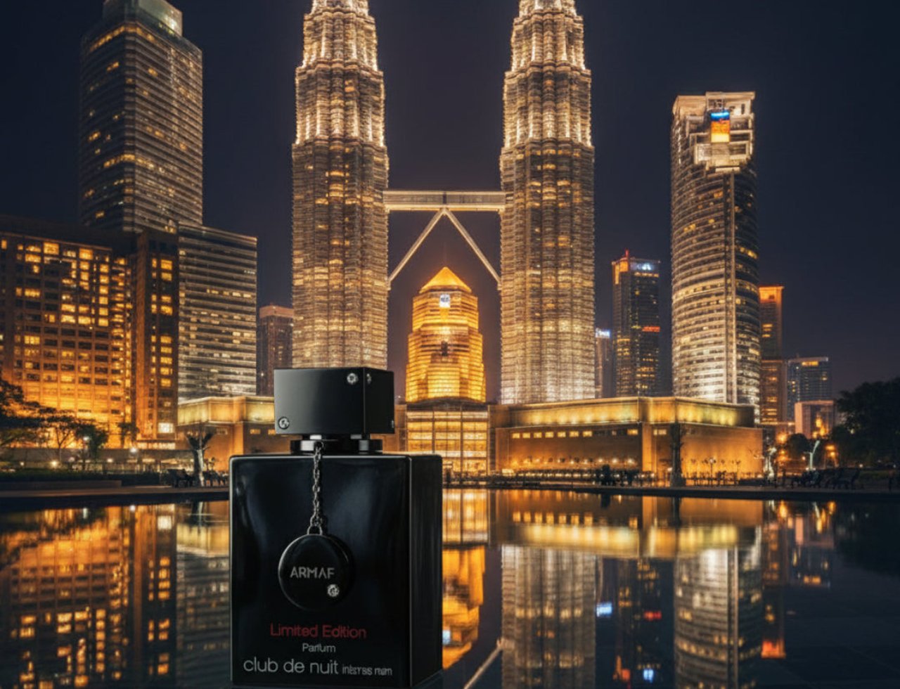 Armaf Club De Nuit Intense Limited by Armaf 105ml EDP Men CDNI — Black bottle reflects in water with illuminated skyscrapers