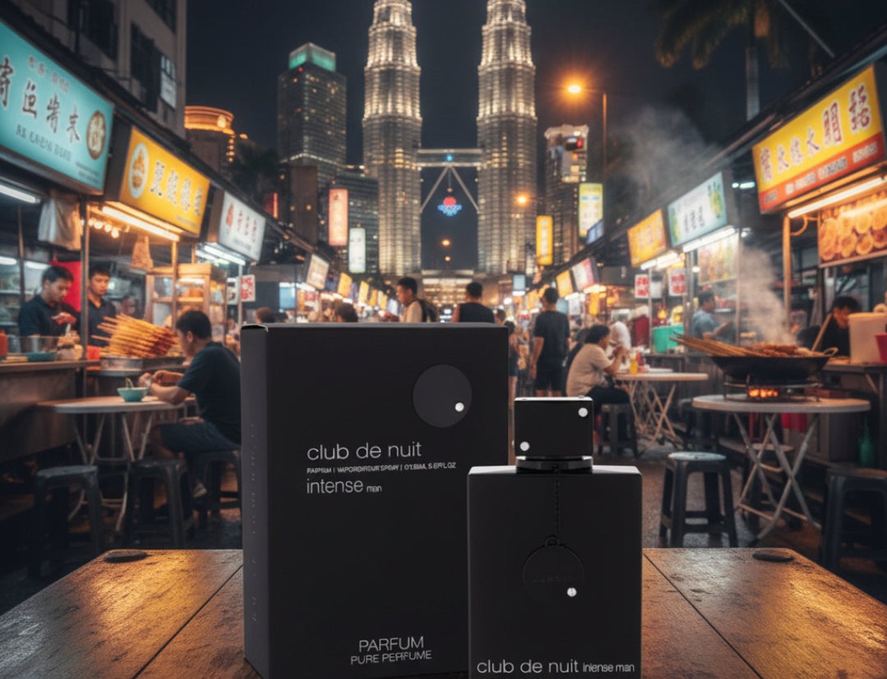 Armaf Club De Nuit Intense Man — Black perfume box and bottle on a wooden table with a bustling night market and skyscrapers
