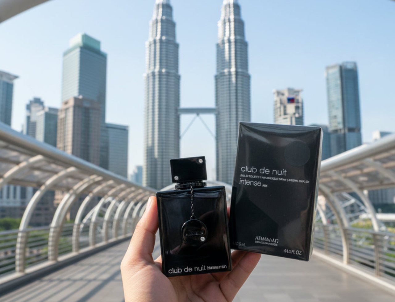 Armaf Club De Nuit Intense Man 105ml EDT — Tangan memegang botol wangian hitam berkilau dan kotak hitamnya, dengan latar belakang Menara Berkembar Petronas yang ikonik di Kuala Lumpur.