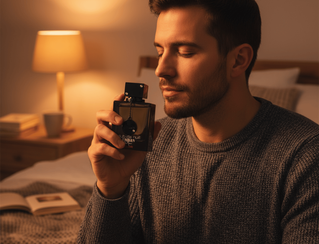 Armaf Club De Nuit Urban Elixir — Man smelling fragrance bottle in a bedroom setting with a lamp and books